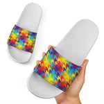 Rainbow Houndstooth Pattern Print White Slide Sandals