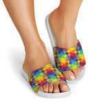 Rainbow Houndstooth Pattern Print White Slide Sandals