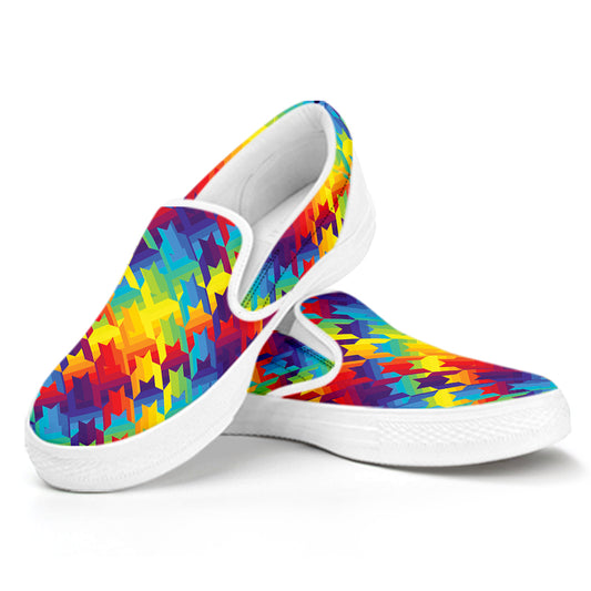 Rainbow Houndstooth Pattern Print White Slip On Shoes