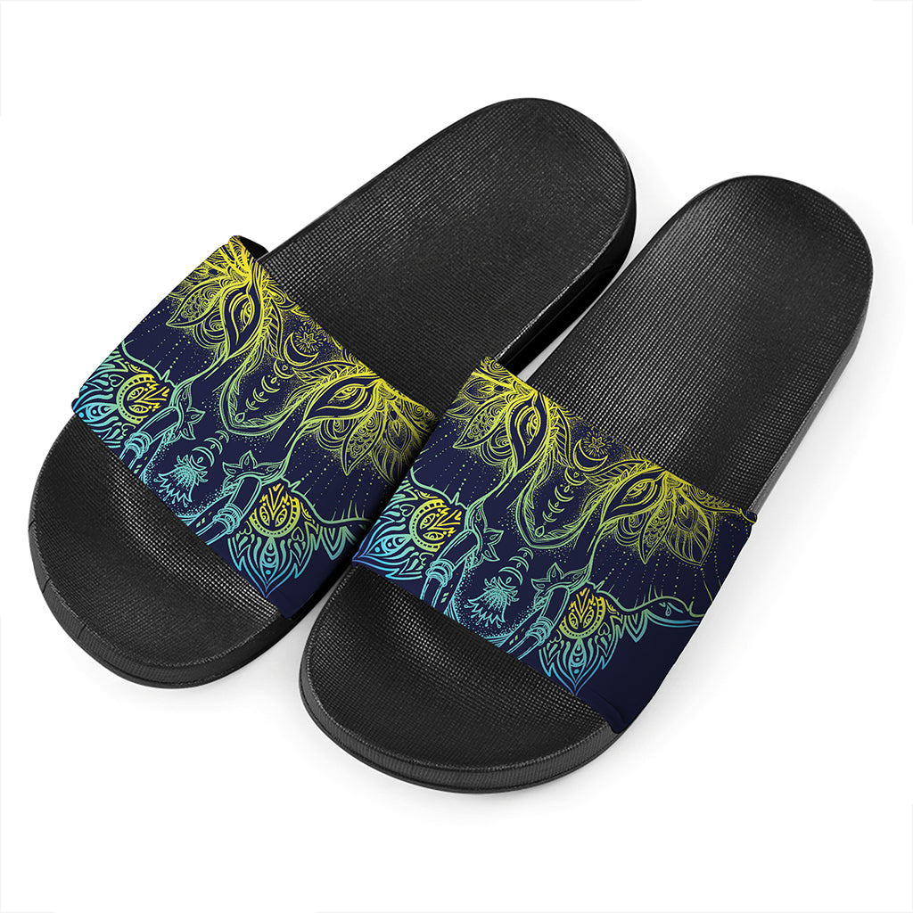 Rainbow Indian Elephant Print Black Slide Sandals