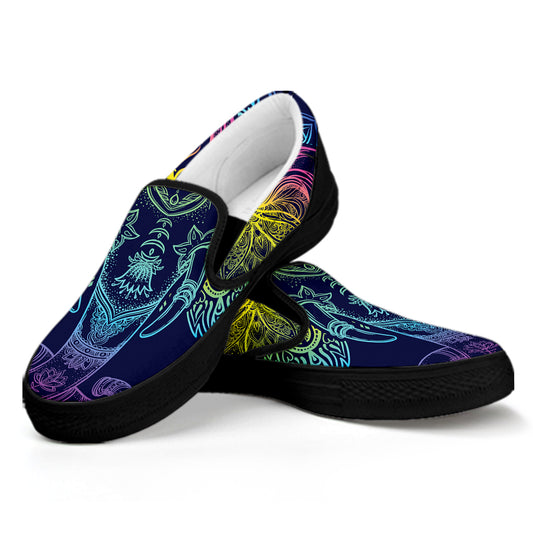 Rainbow Indian Elephant Print Black Slip On Shoes