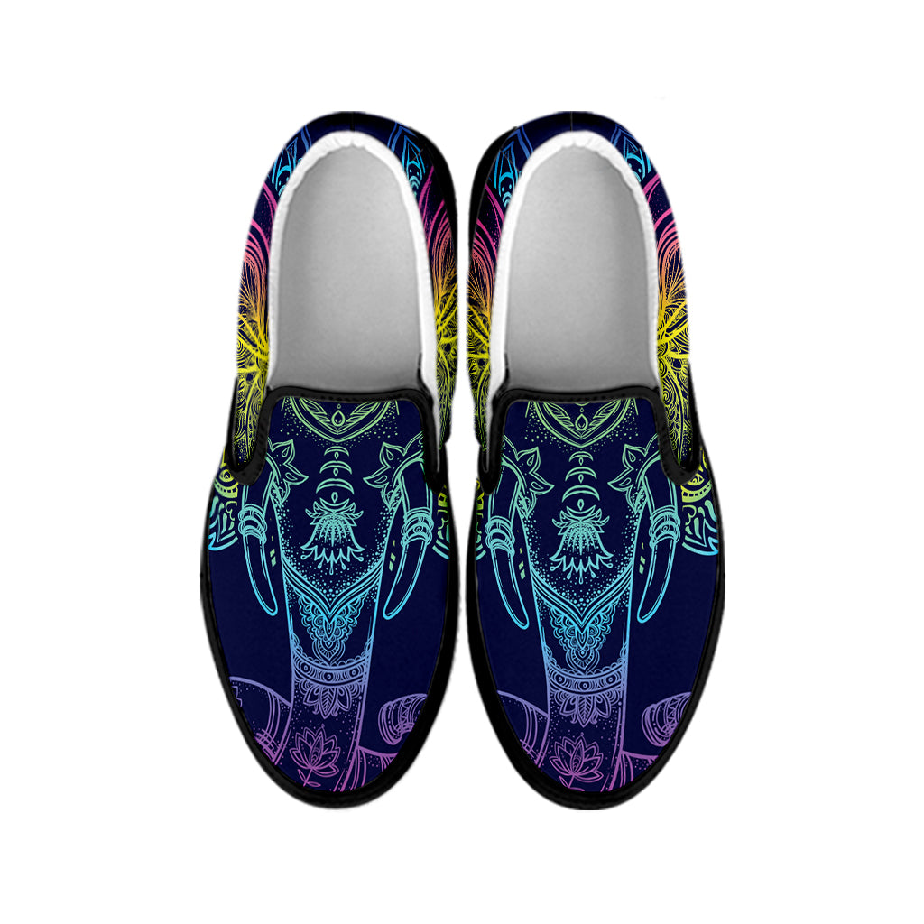 Rainbow Indian Elephant Print Black Slip On Shoes