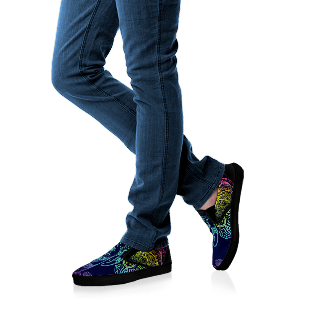Rainbow Indian Elephant Print Black Slip On Shoes