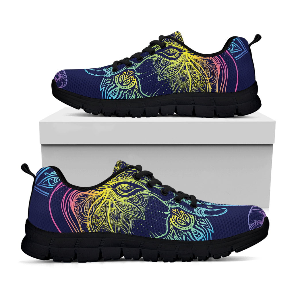 Rainbow Indian Elephant Print Black Sneakers