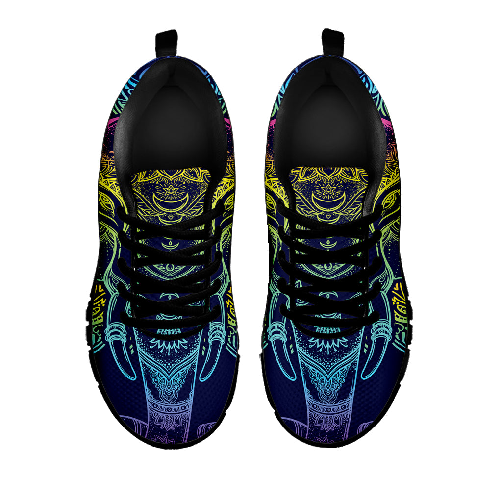Rainbow Indian Elephant Print Black Sneakers