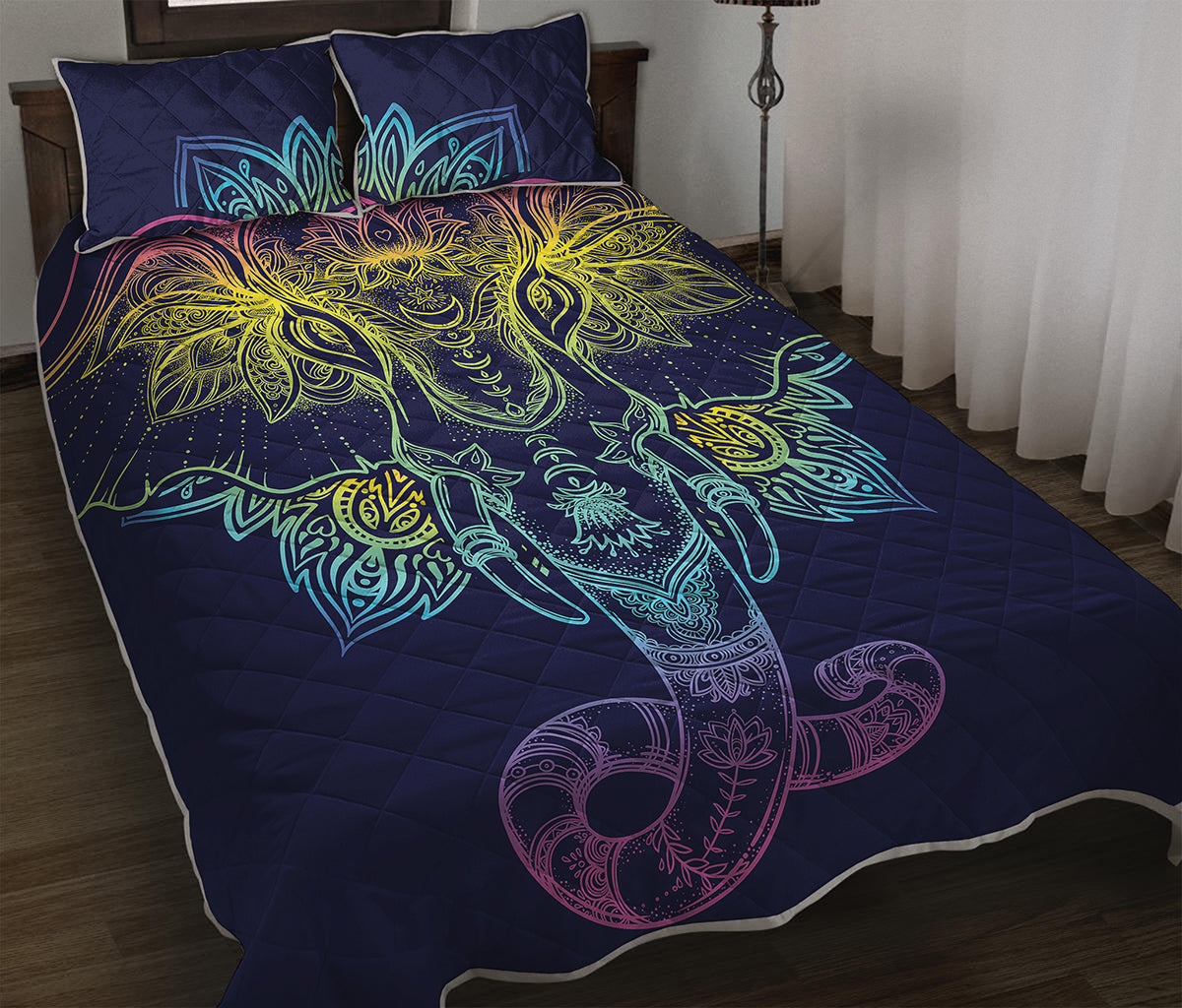 Rainbow Indian Elephant Print Quilt Bed Set