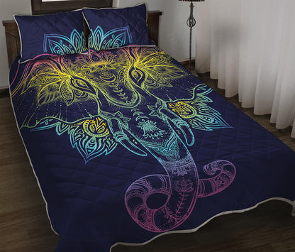 Rainbow Indian Elephant Print Quilt Bed Set