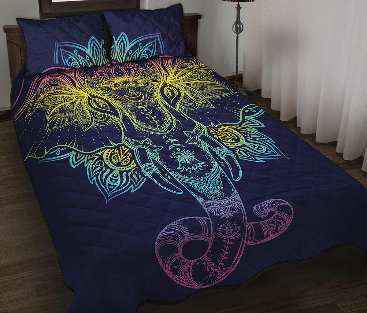 Rainbow Indian Elephant Print Quilt Bed Set