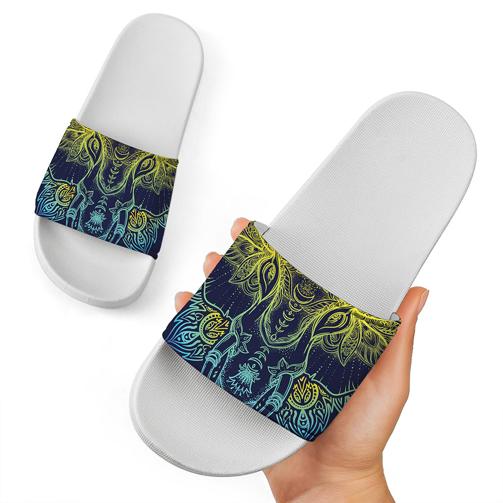 Rainbow Indian Elephant Print White Slide Sandals
