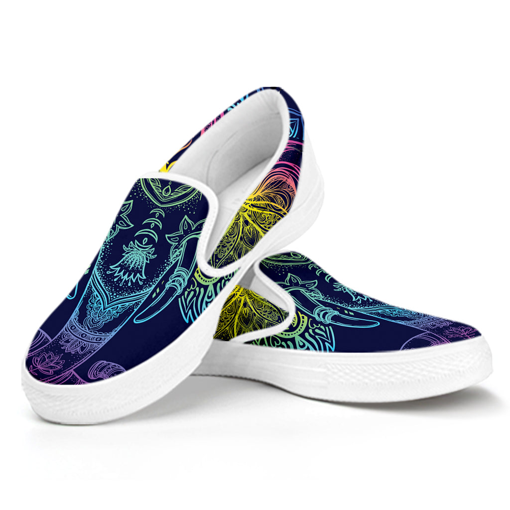 Rainbow Indian Elephant Print White Slip On Shoes