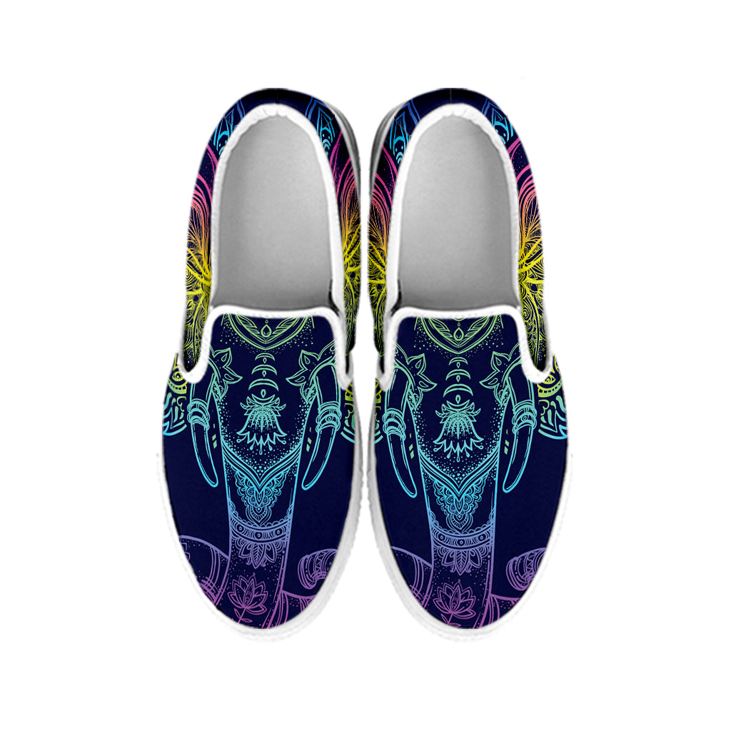 Rainbow Indian Elephant Print White Slip On Shoes