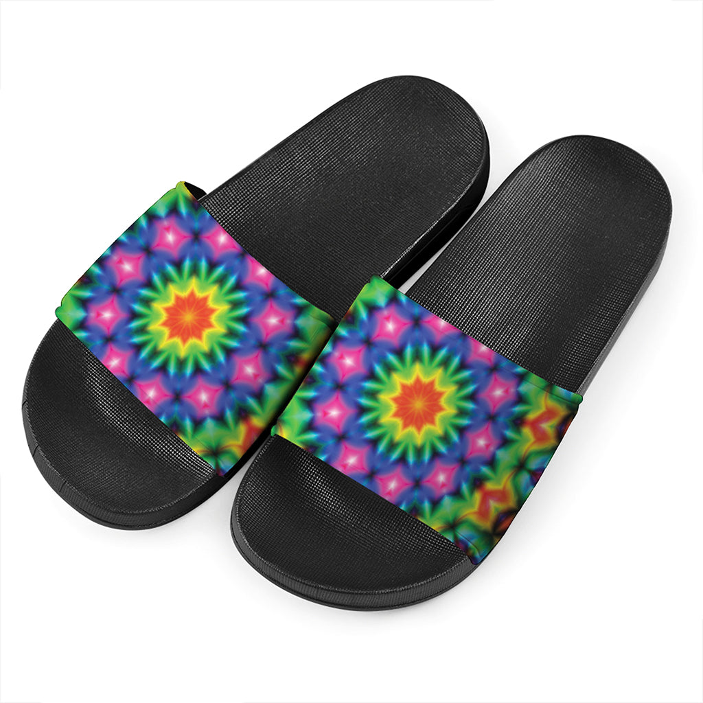 Rainbow Kaleidoscope Print Black Slide Sandals