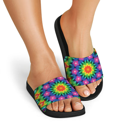 Rainbow Kaleidoscope Print Black Slide Sandals