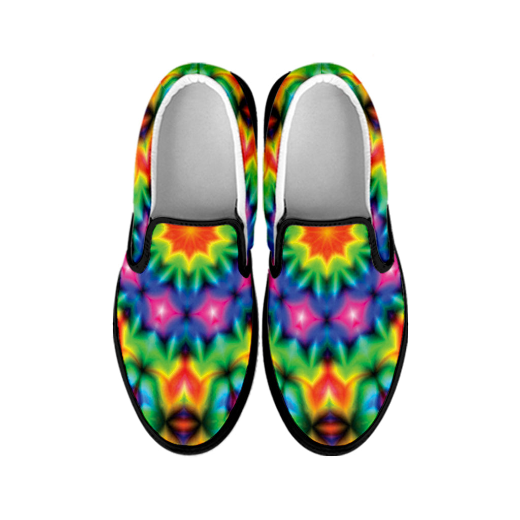 Rainbow Kaleidoscope Print Black Slip On Shoes