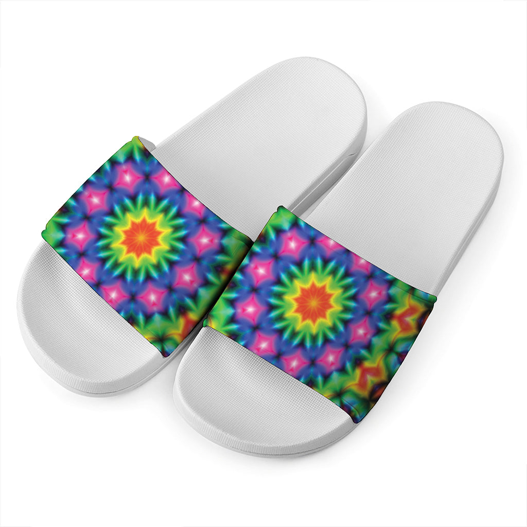 Rainbow Kaleidoscope Print White Slide Sandals