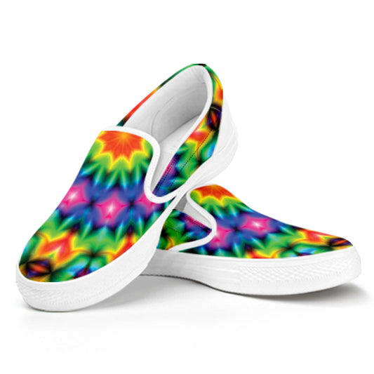 Rainbow Kaleidoscope Print White Slip On Shoes