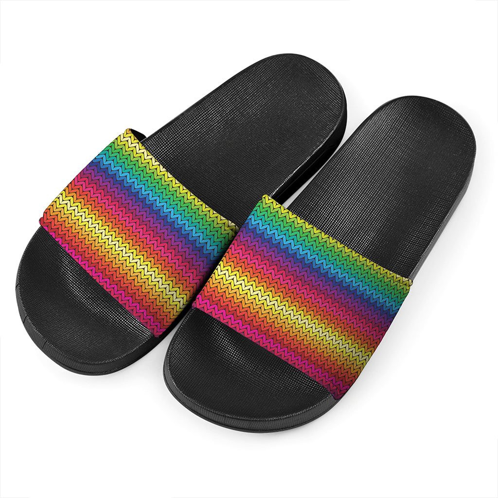 Rainbow Knitted Mexican Pattern Print Black Slide Sandals