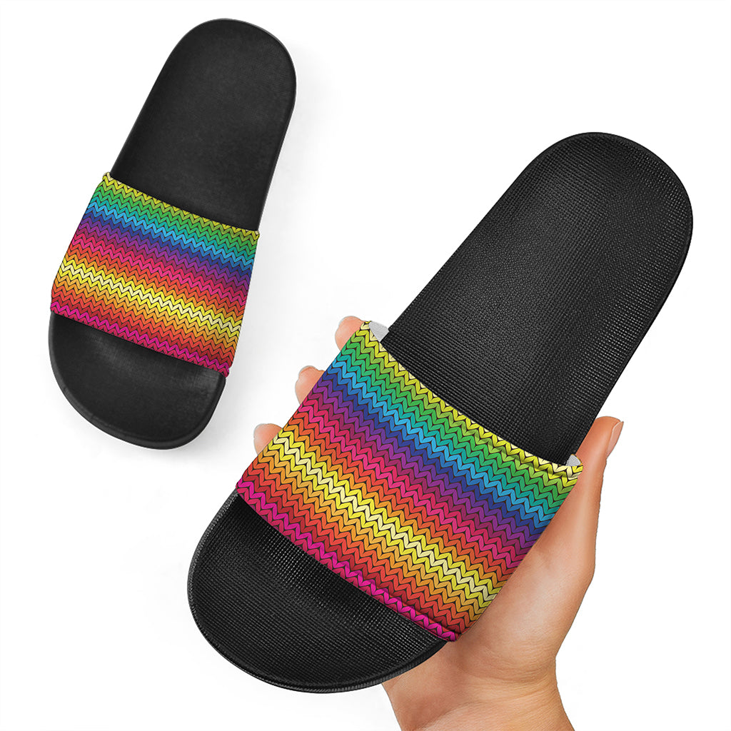 Rainbow Knitted Mexican Pattern Print Black Slide Sandals