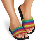 Rainbow Knitted Mexican Pattern Print Black Slide Sandals