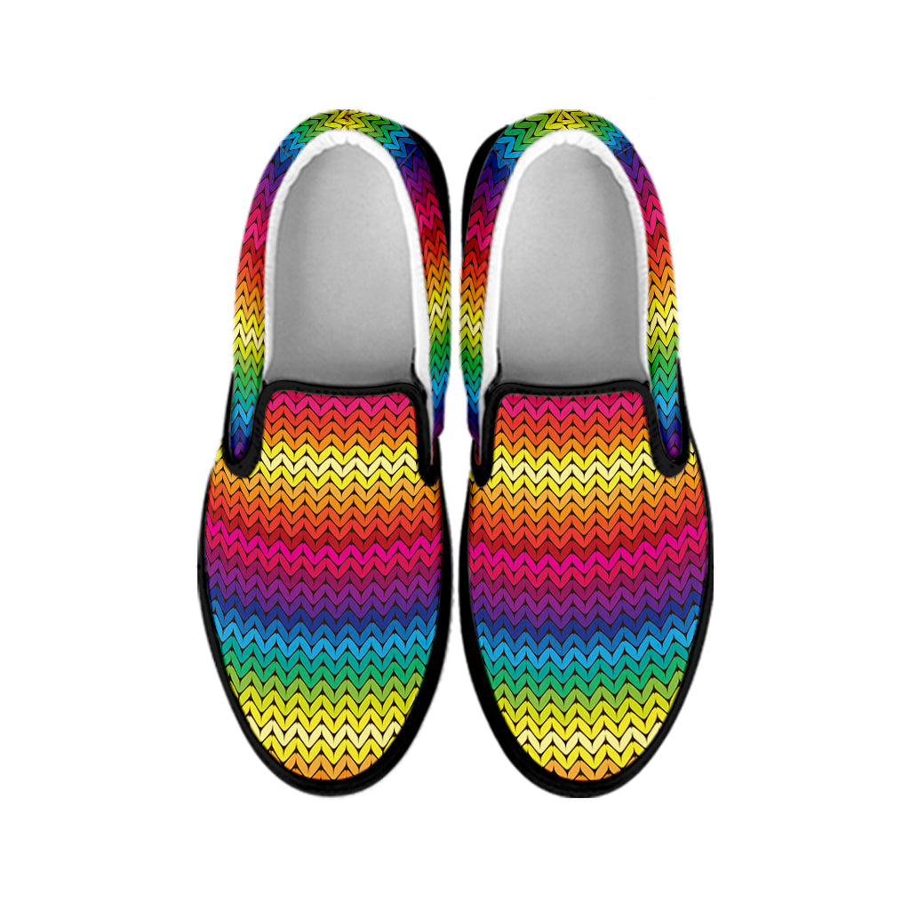 Rainbow Knitted Mexican Pattern Print Black Slip On Shoes