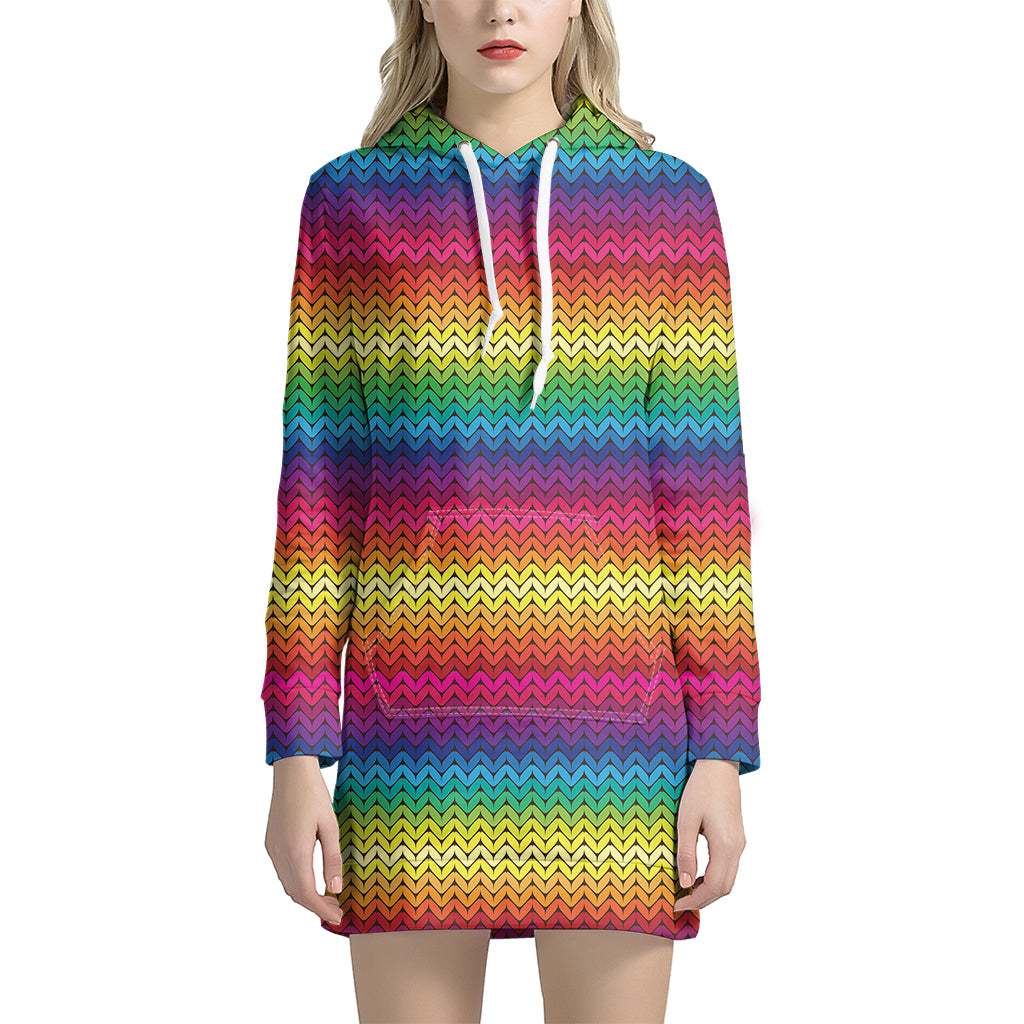 Rainbow Knitted Mexican Pattern Print Hoodie Dress