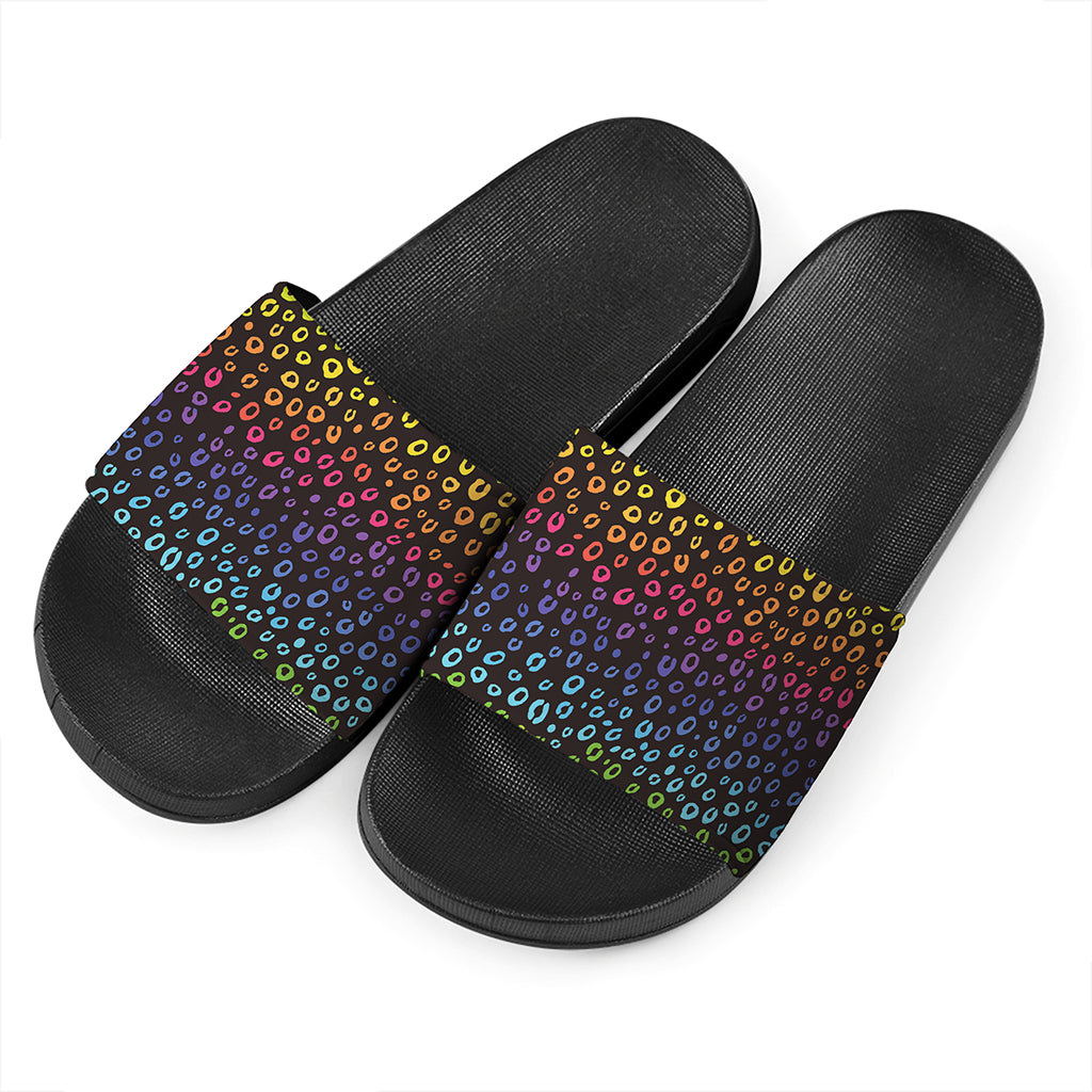 Rainbow Leopard Pattern Print Black Slide Sandals