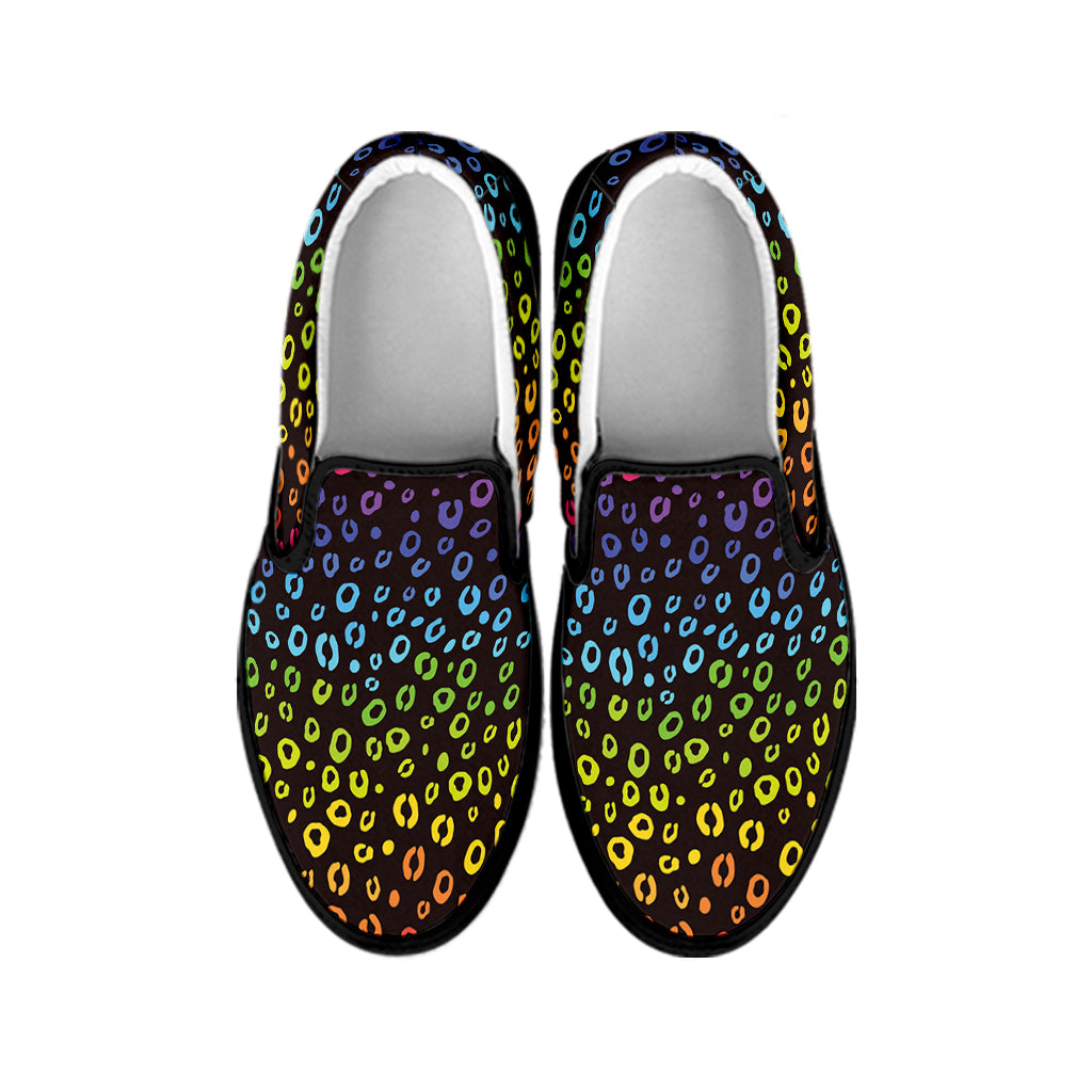 Rainbow Leopard Pattern Print Black Slip On Shoes