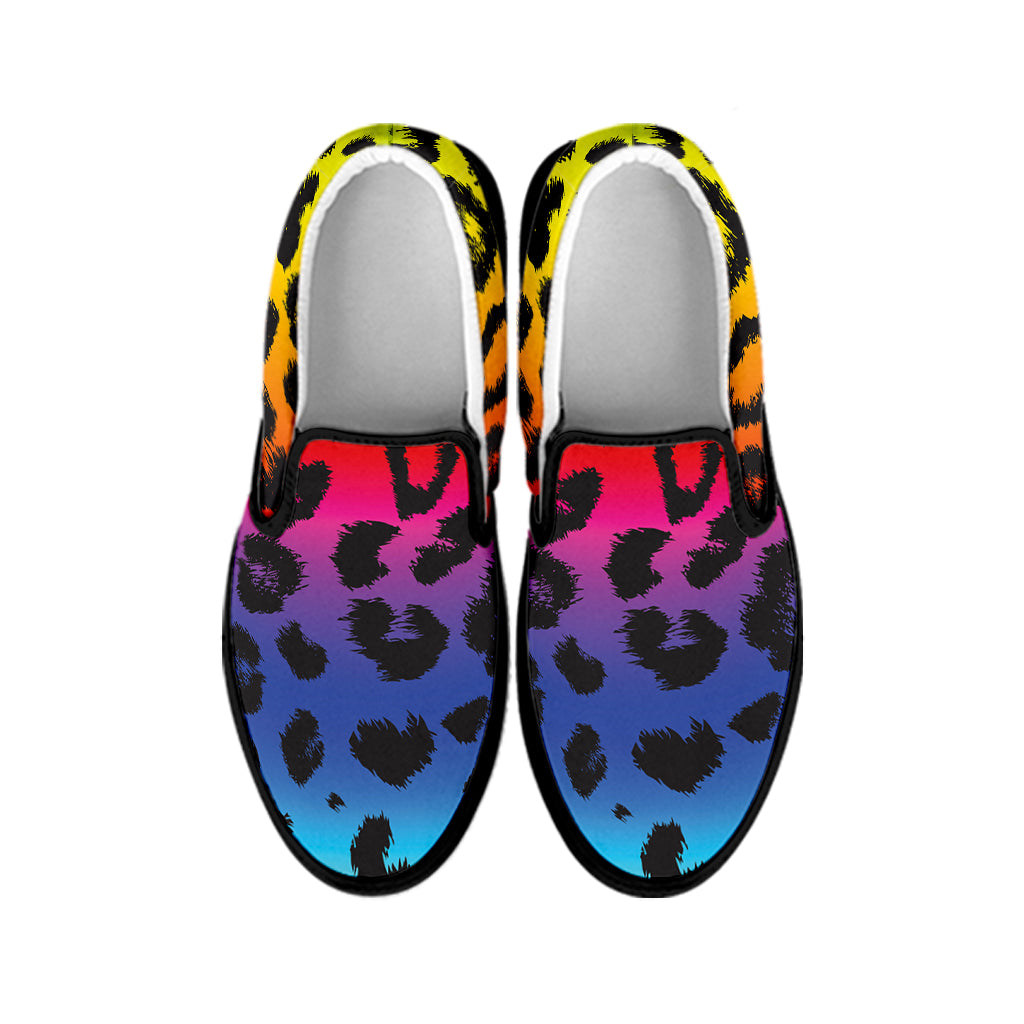 Rainbow Leopard Print Black Slip On Shoes