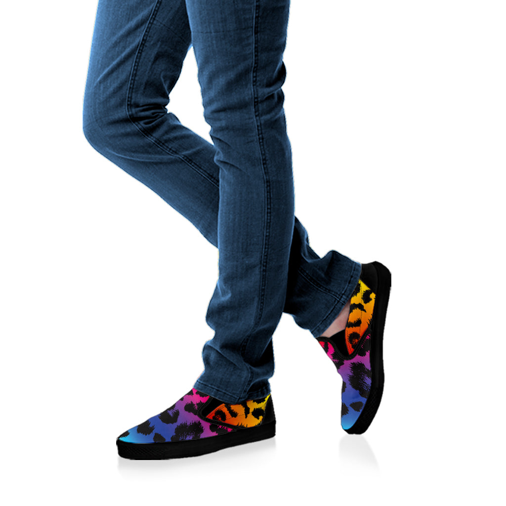 Rainbow Leopard Print Black Slip On Shoes