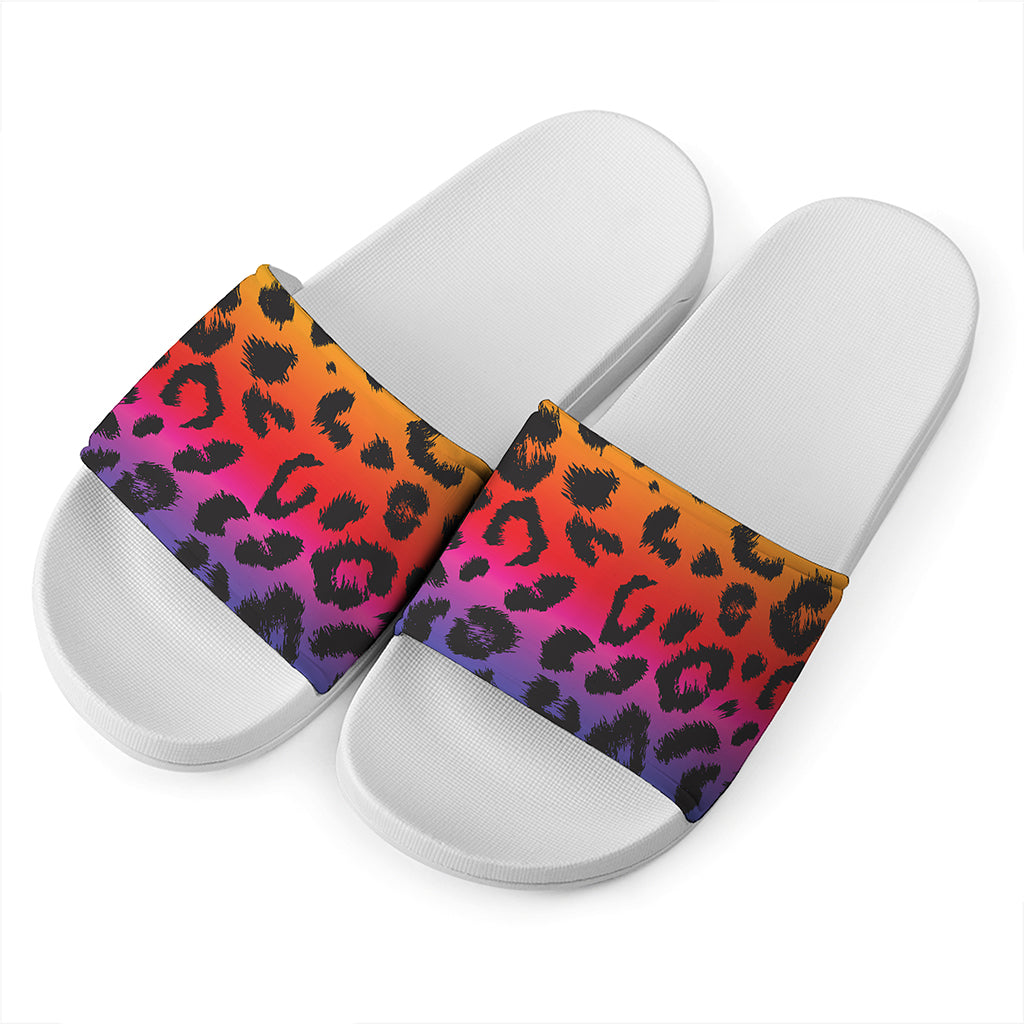 Rainbow Leopard Print White Slide Sandals