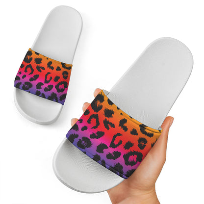 Rainbow Leopard Print White Slide Sandals