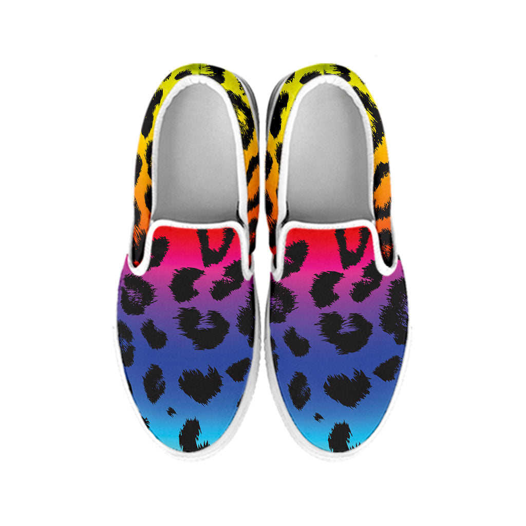 Rainbow Leopard Print White Slip On Shoes