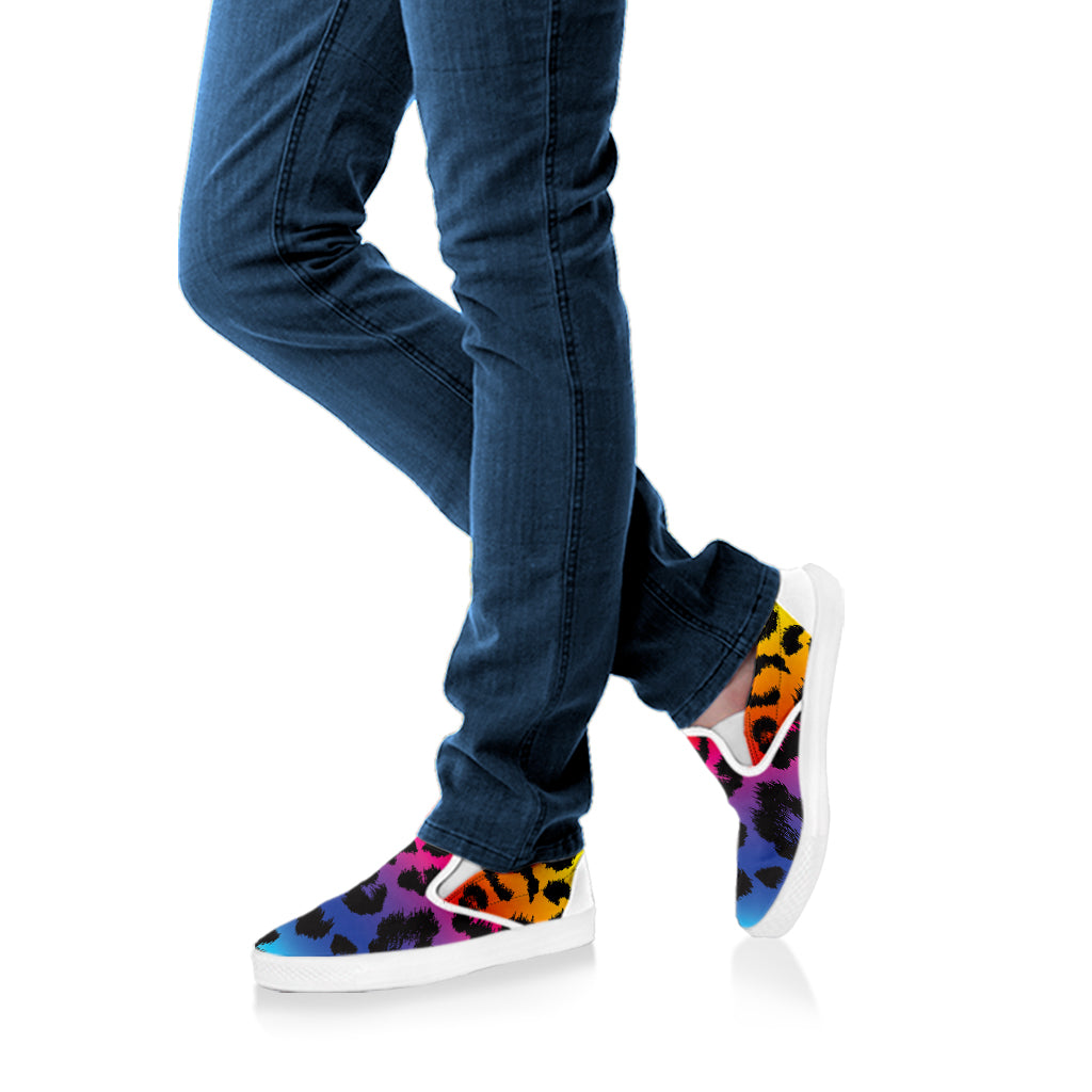 Rainbow Leopard Print White Slip On Shoes