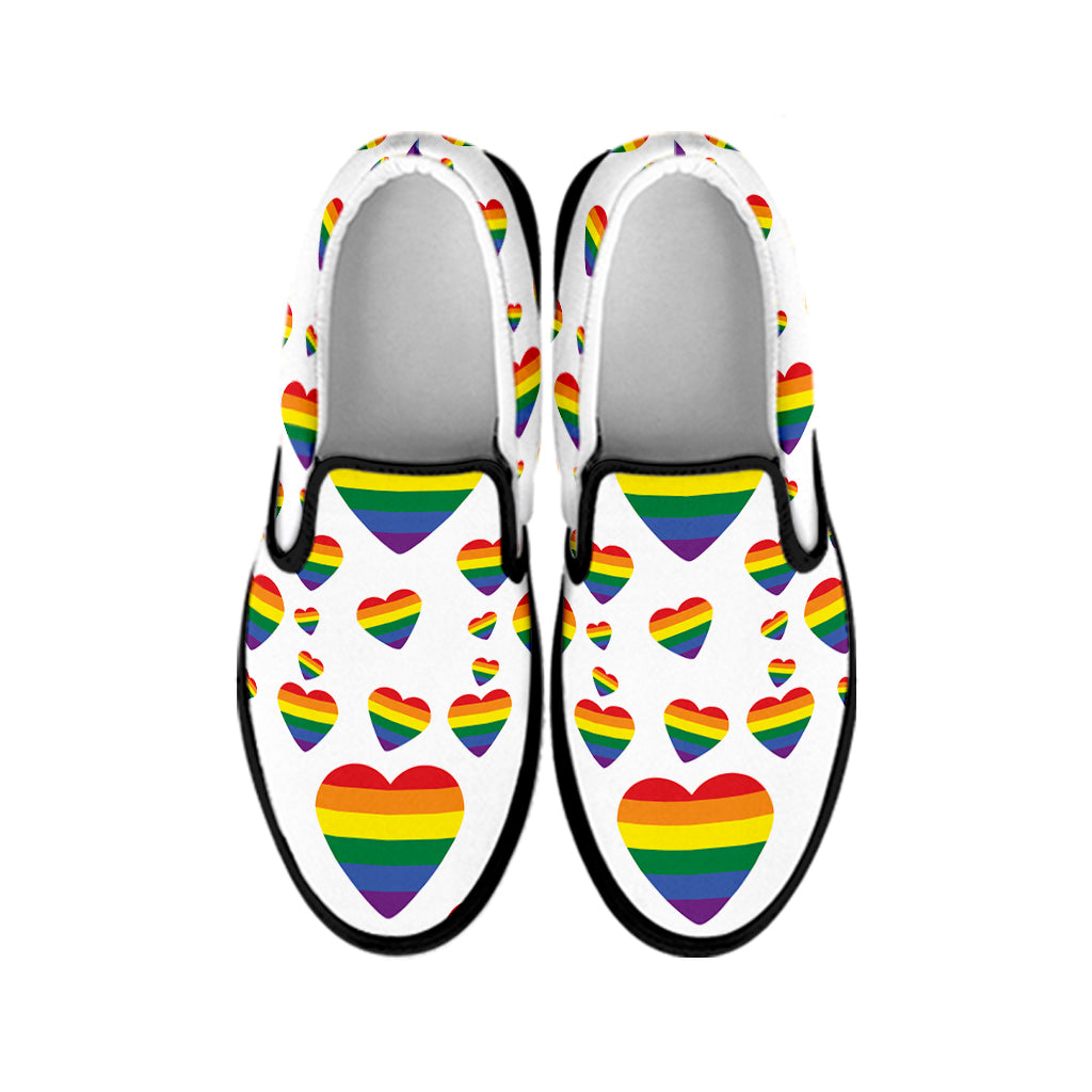 Rainbow LGBT Heart Pattern Print Black Slip On Shoes