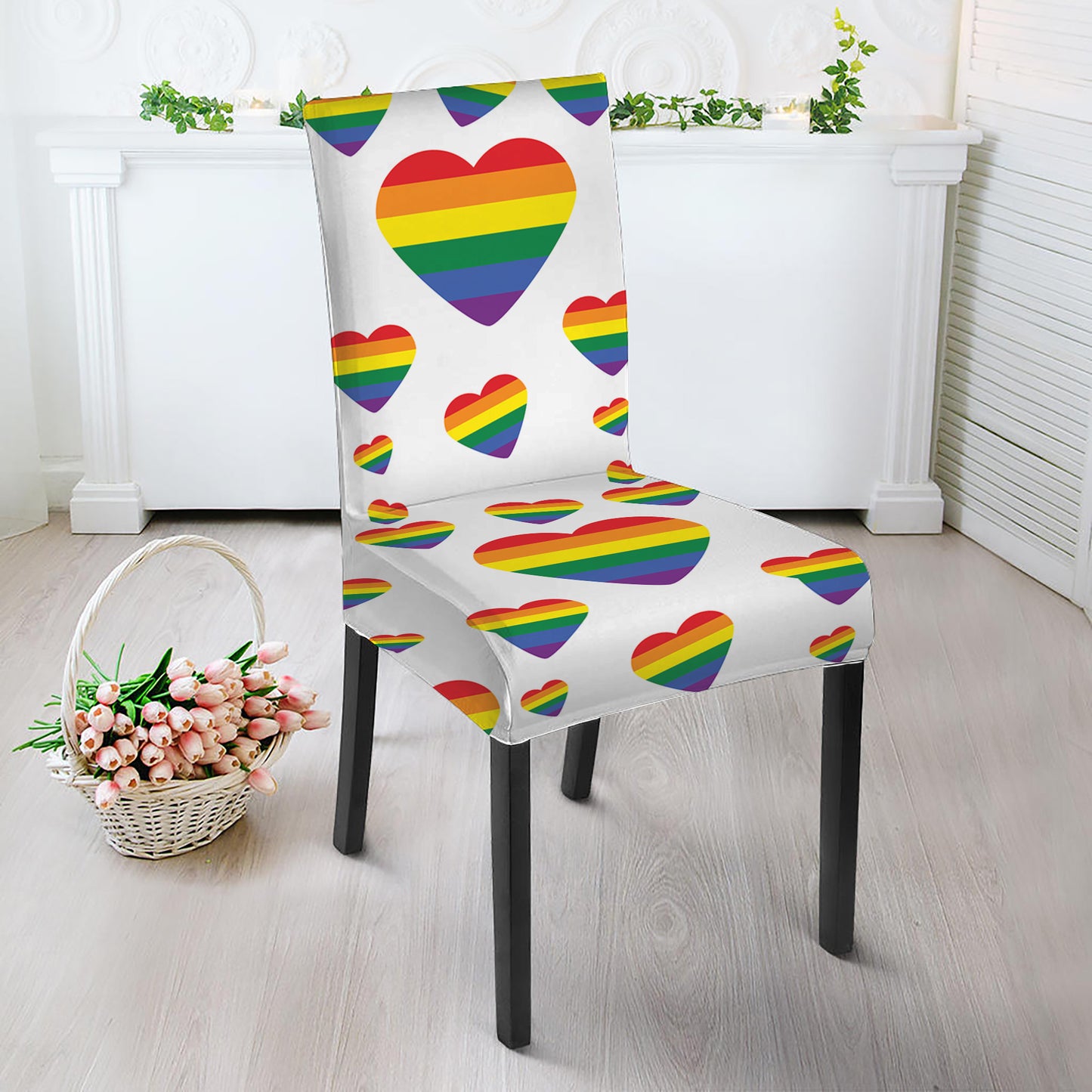 Rainbow LGBT Heart Pattern Print Dining Chair Slipcover
