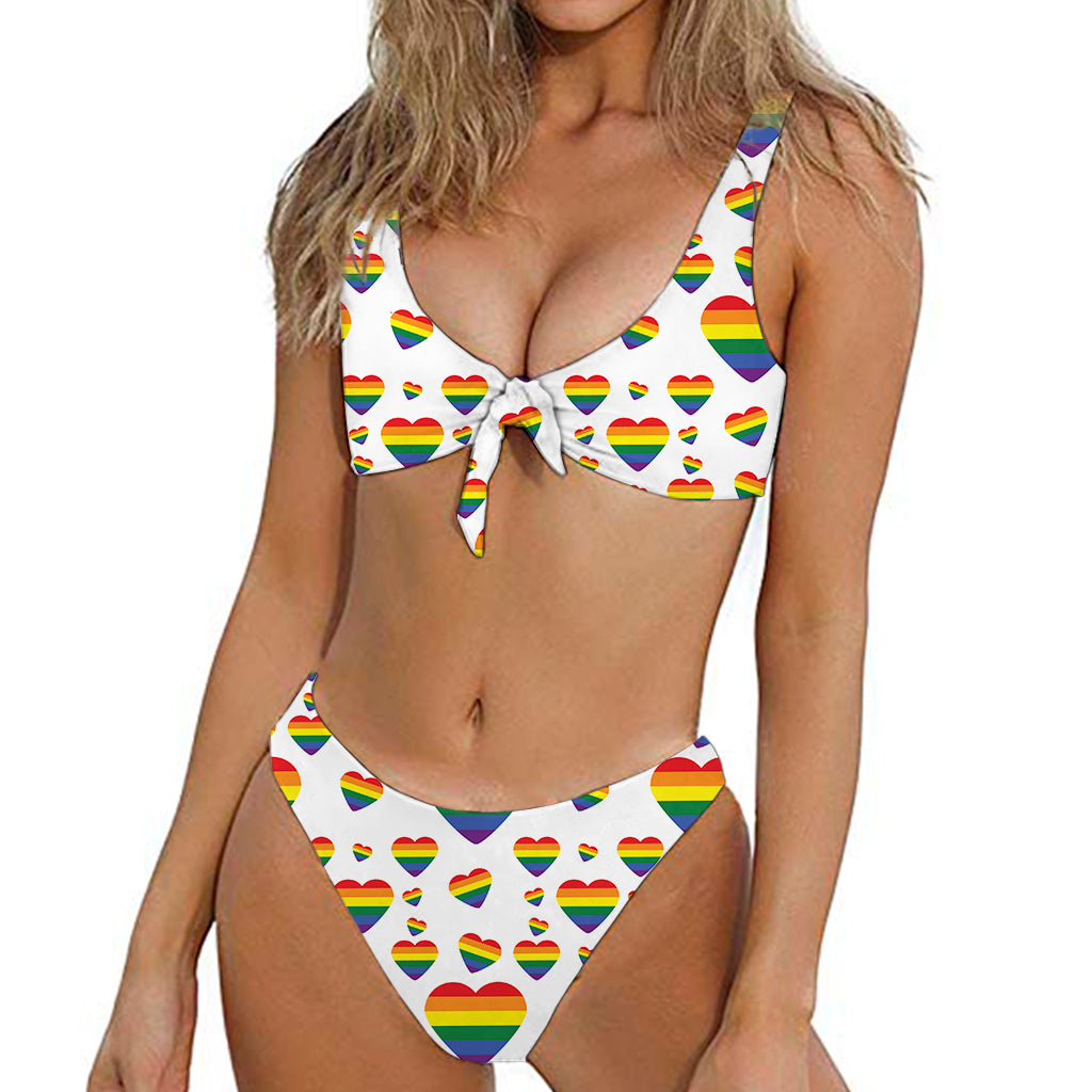 Rainbow LGBT Heart Pattern Print Front Bow Tie Bikini