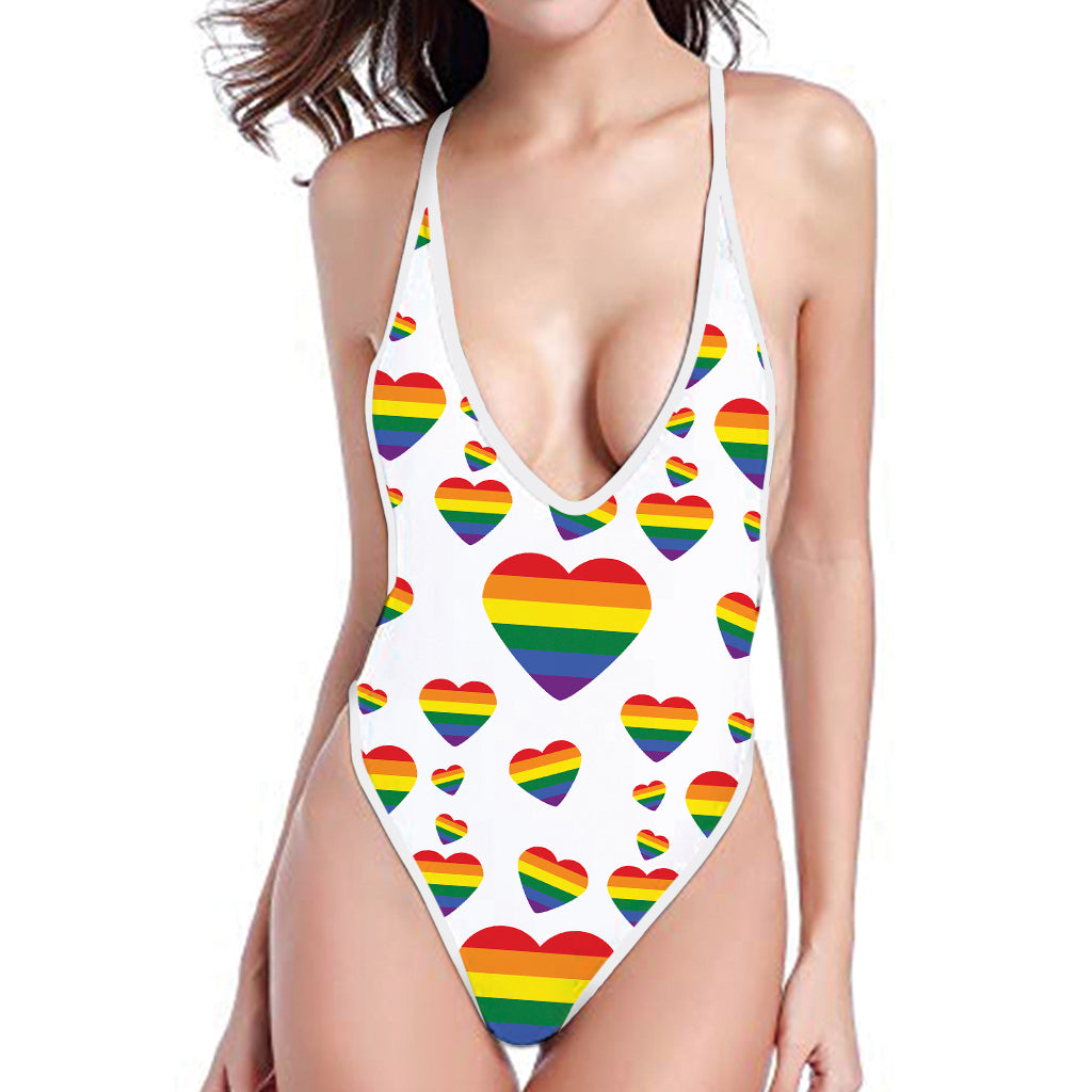 Rainbow LGBT Heart Pattern Print One Piece High Cut Swimsuit