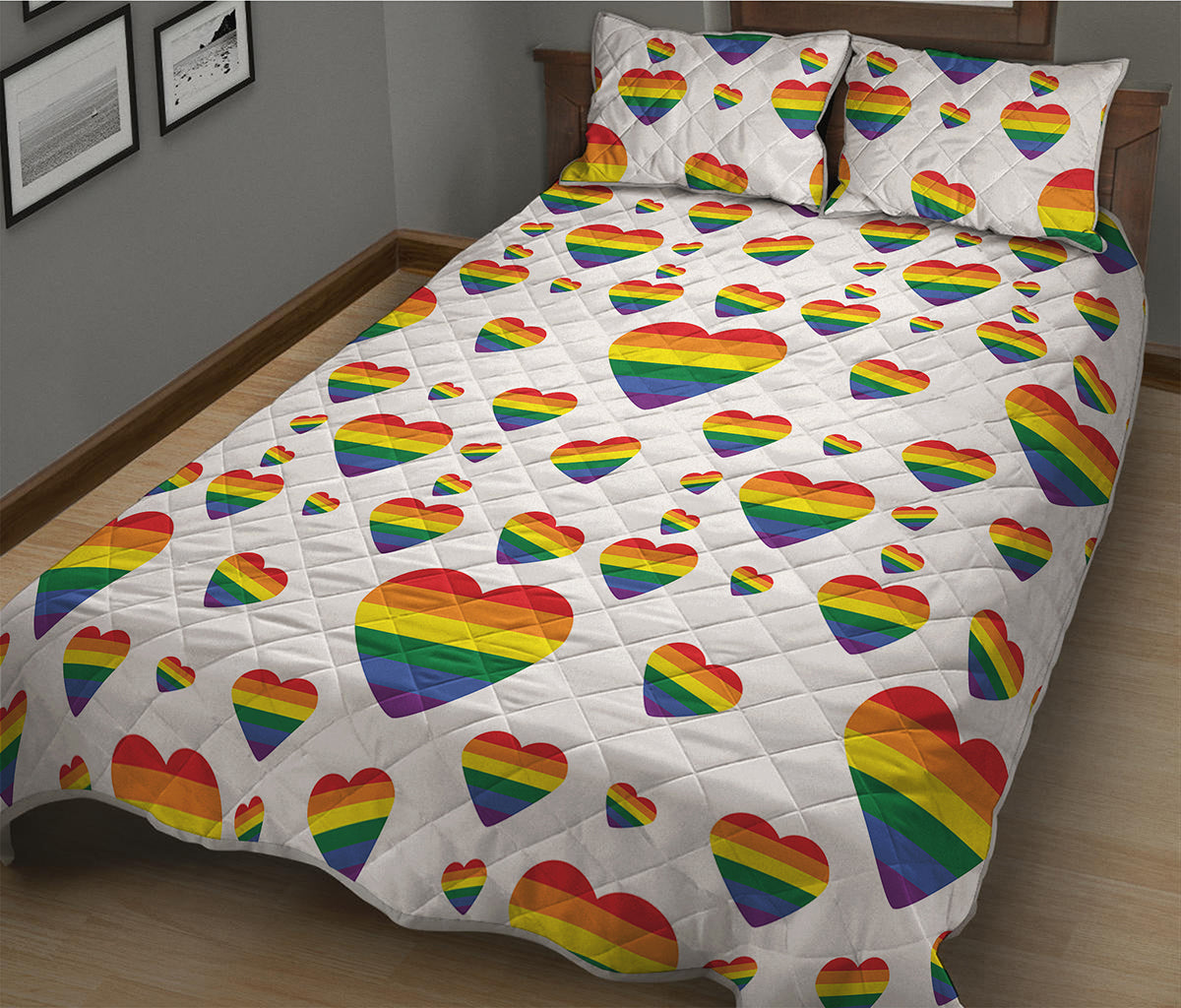 Rainbow LGBT Heart Pattern Print Quilt Bed Set