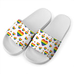 Rainbow LGBT Heart Pattern Print White Slide Sandals