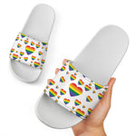 Rainbow LGBT Heart Pattern Print White Slide Sandals