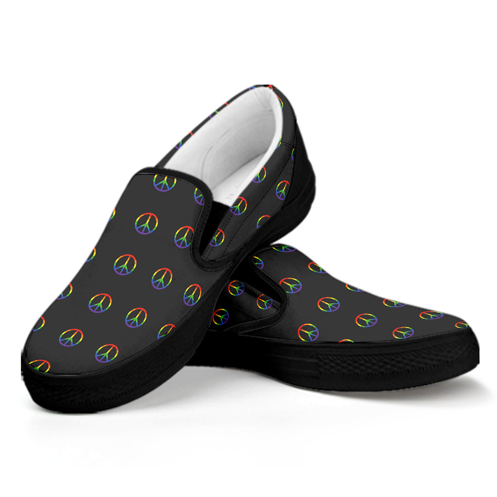 Rainbow LGBT Peace Sign Pattern Print Black Slip On Shoes