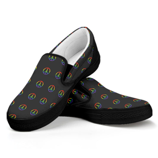 Rainbow LGBT Peace Sign Pattern Print Black Slip On Shoes