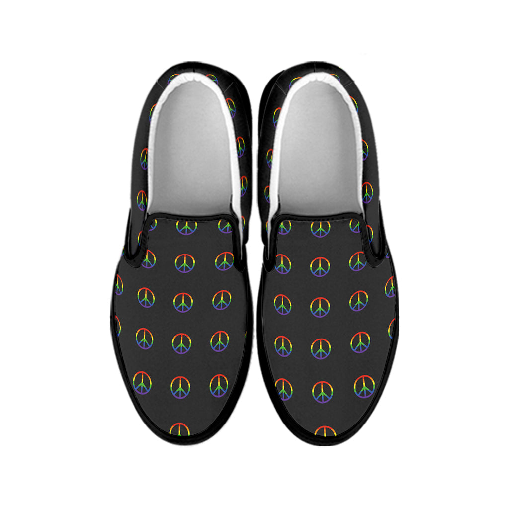 Rainbow LGBT Peace Sign Pattern Print Black Slip On Shoes