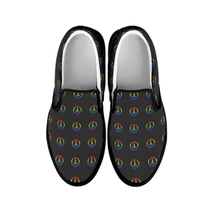 Rainbow LGBT Peace Sign Pattern Print Black Slip On Shoes