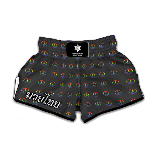 Rainbow LGBT Peace Sign Pattern Print Muay Thai Boxing Shorts