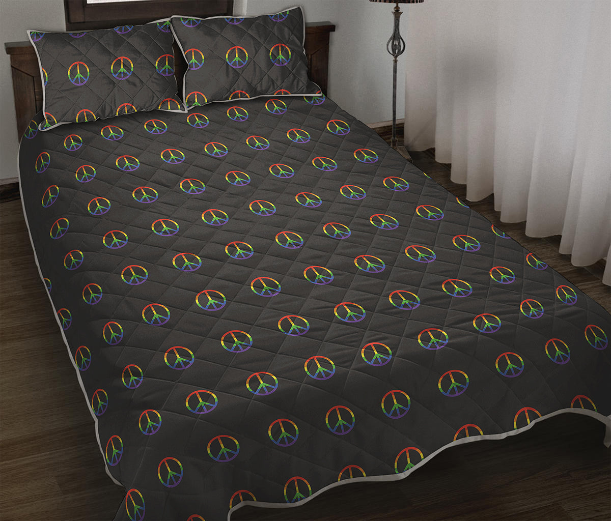 Rainbow LGBT Peace Sign Pattern Print Quilt Bed Set
