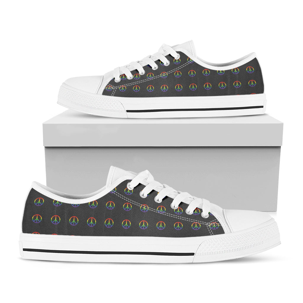 Rainbow LGBT Peace Sign Pattern Print White Low Top Shoes