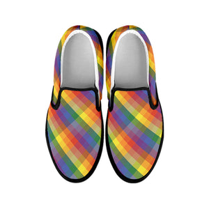 Rainbow LGBT Plaid Pattern Print Black Slip On Shoes