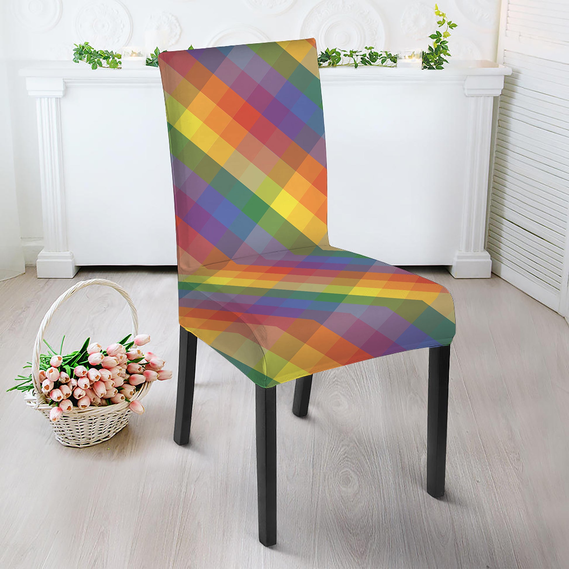 Rainbow LGBT Plaid Pattern Print Dining Chair Slipcover