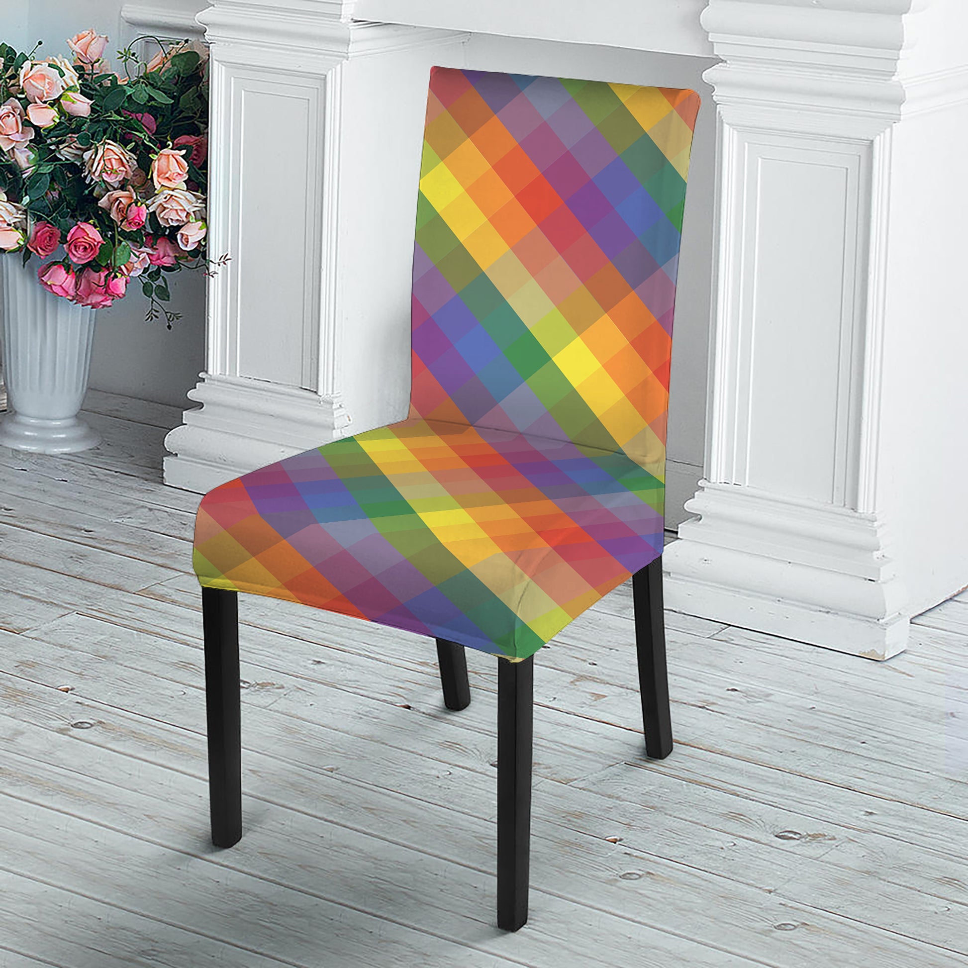 Rainbow LGBT Plaid Pattern Print Dining Chair Slipcover